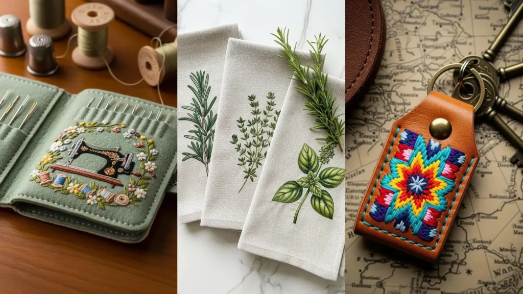 A collage of handmade embroidery gifts, including a needle book, embroidered towels, and a colorful leather keychain.