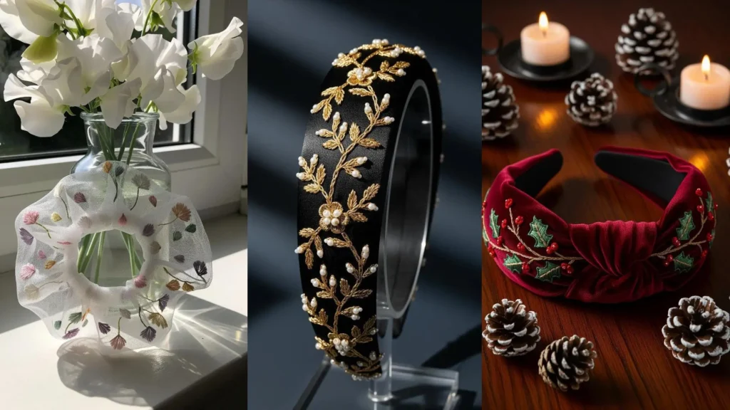 A collage of hair accessories with micro-floral embroidery, including a sheer scrunchie and two stylish headbands.