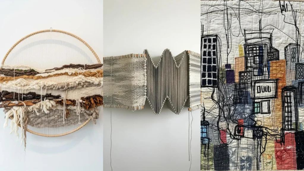 A collage of creative mixed-fiber art, showing a nature weaving, a modern tapestry, and an abstract city quilt.