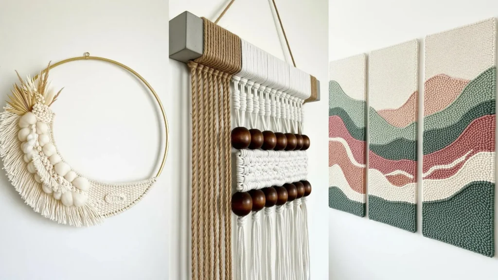 A collection of yarn wall art designs in modern and boho aesthetics, showcasing different textures and styles on a wall.