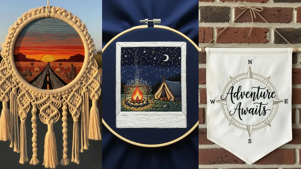 Artistic embroidery gift ideas inspired by travel, showing a desert road, a campsite, and an adventure compass.