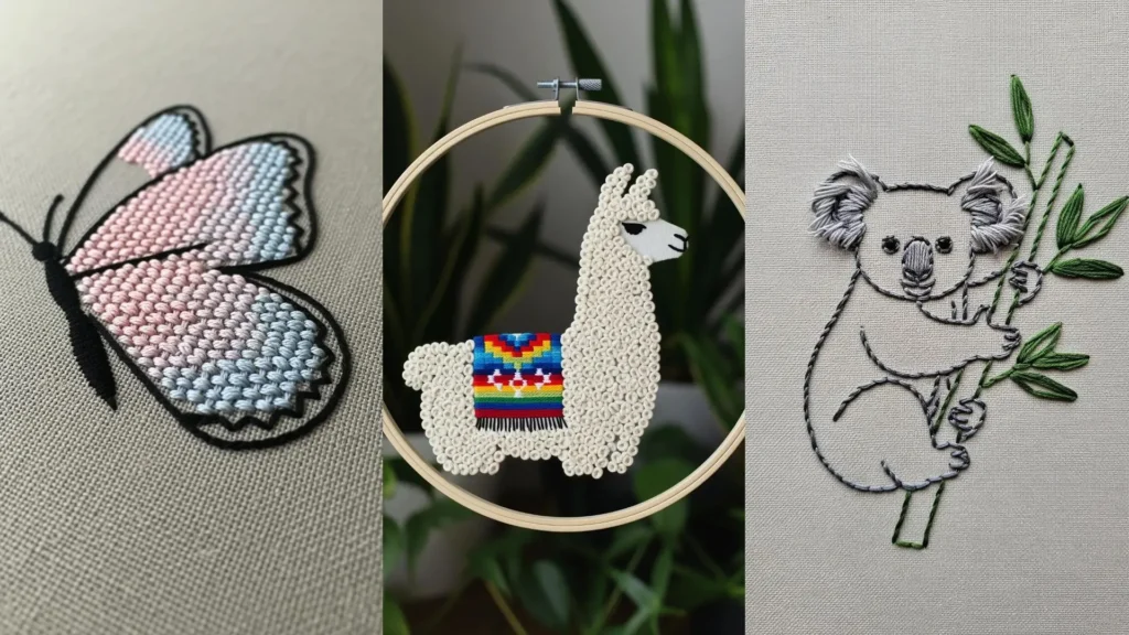 A collage of beginner-friendly animal embroidery patterns featuring a butterfly, llama, and koala.