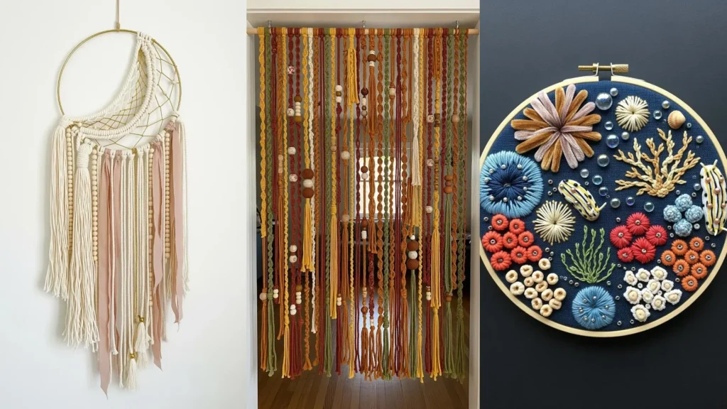 Inspiring mixed fiber art pieces, including a macrame wall hanging and a colorful embroidered coral reef design.