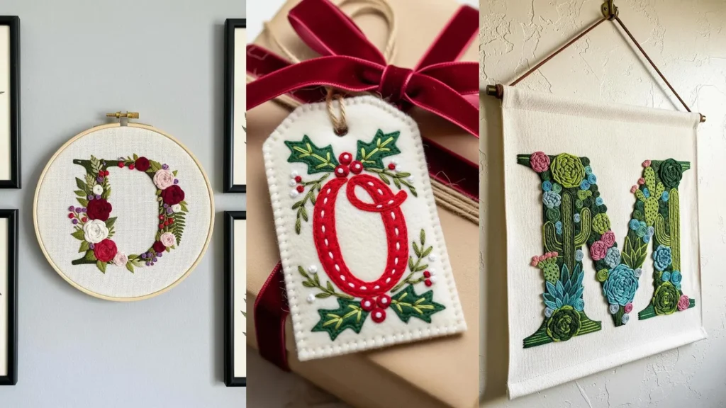A collage of handcrafted floral monogram designs for personalized gifts, including hoop art, a gift tag, and a wall hanging.
