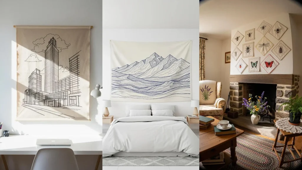 A collage of home interiors decorated with minimal thread sketch embroidery, used as chic, affordable designer wall art.