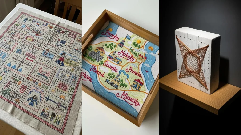 A collage of unique DIY art objects showcasing personal style, including an embroidered sampler and geometric string art.