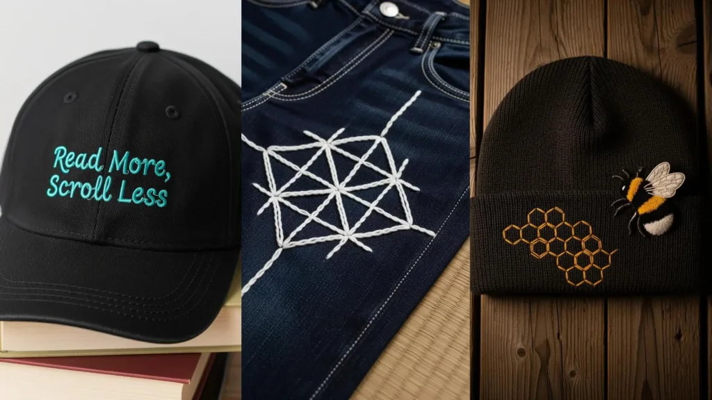 A collage of embroidered gifts on simple clothes, turning a cap, jeans, and a beanie into meaningful keepsakes.