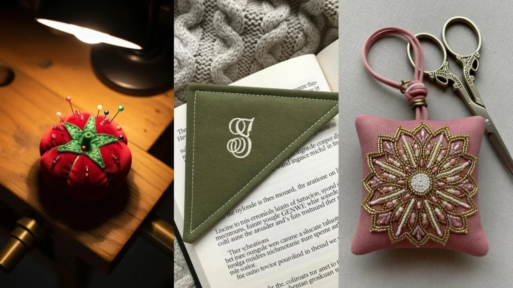 Stunning handmade gifts that double as home decor, featuring an embroidered bookmark and decorative pincushions.
