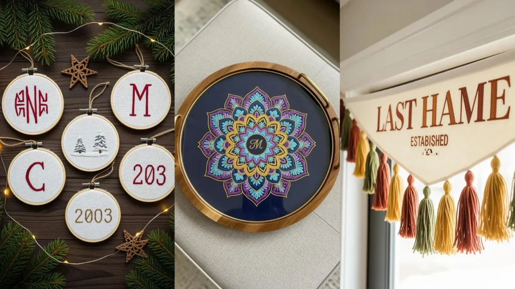 A collage of personalized DIY embroidery ideas for couples, featuring custom ornaments and family name decor.