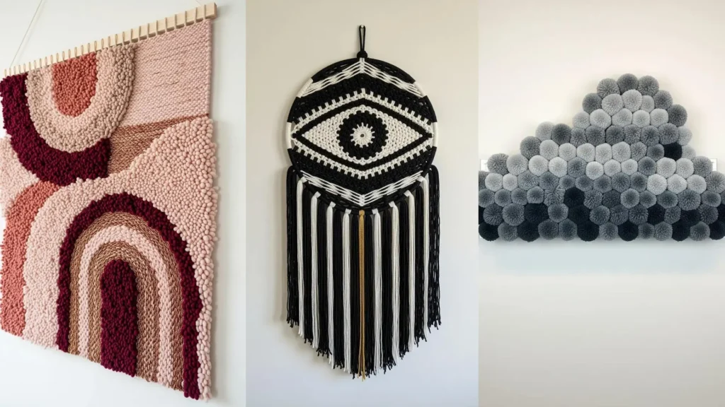 A collage of yarn wall art techniques for modern decor, including a woven tapestry, macrame eye, and a pom-pom cloud.