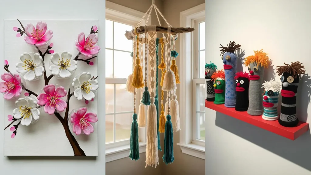 Artistic objects crafted from simple materials: cherry blossom art, a macrame wall hanging, and fun sock puppets.