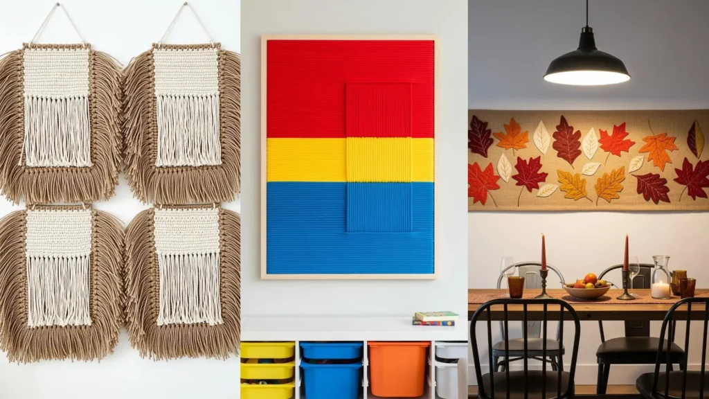 A collage of DIY art pieces showing how to add color and texture to a room with macrame and colorful wall hangings.