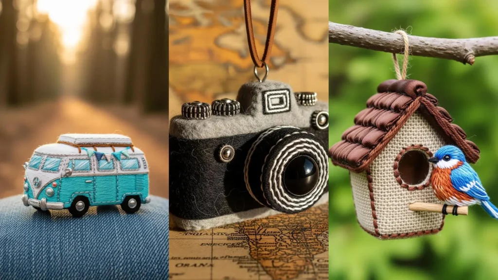 Handmade miniature crafts add charm: a collage of an embroidered VW van, a felt camera, and a tiny birdhouse.