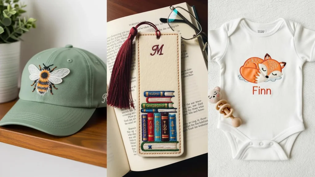 A collage of personalized embroidered gifts: a bee on a cap, a monogrammed bookmark, and a baby onesie with a fox.