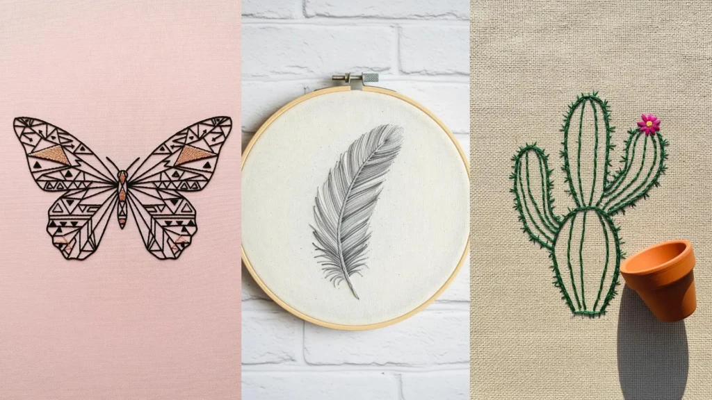 Three simple embroidery ideas for wall hangings: a geometric butterfly, a feather in a hoop, and a stitched cactus.