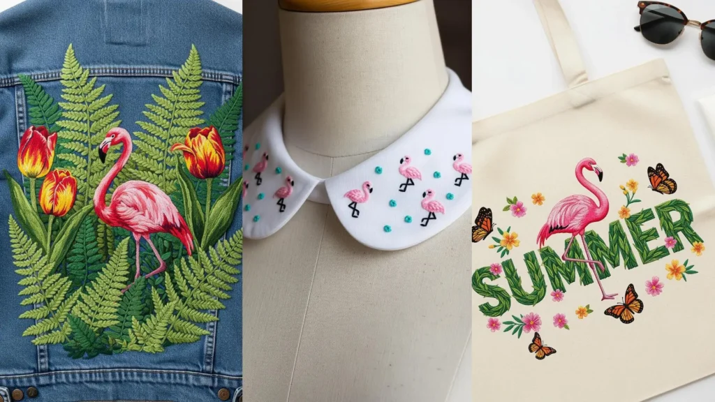 Flamingo embroidery designs for summer dresses, shown on a jean jacket, collar, and tote bag for perfect vacation vibes.