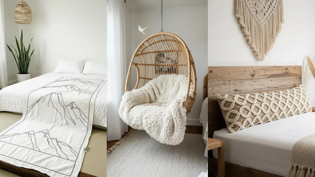 Collage of three boho bedrooms with soft, cloud-like embroidery textures on a pillow, blanket, and wall hanging.