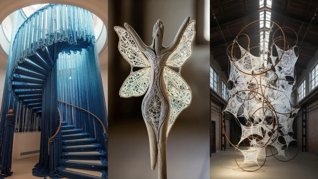 Collage of fiber art installations mixing traditional stitching with bold sculptures like a rope-covered staircase.