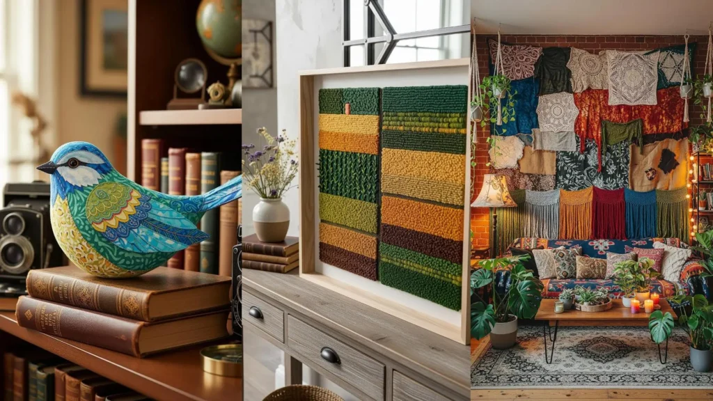 Collage of heavy fabric embroidery pieces for a slow-living home, with a textile bird and a cozy tapestry wall.