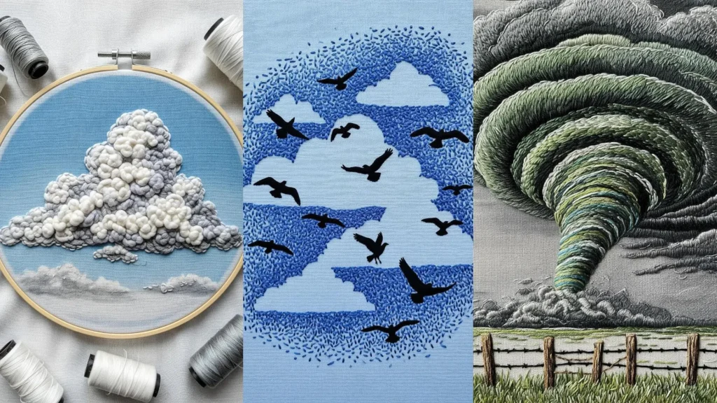 Realistic nature embroidery using sky and cloud shading tricks to create a fluffy cloud and a stormy tornado.