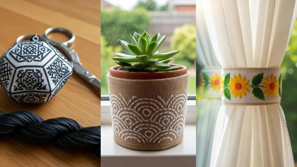 A cozy collage of small embroidered decor: a geometric ball, a plant pot cover, and a sunflower curtain tie-back.