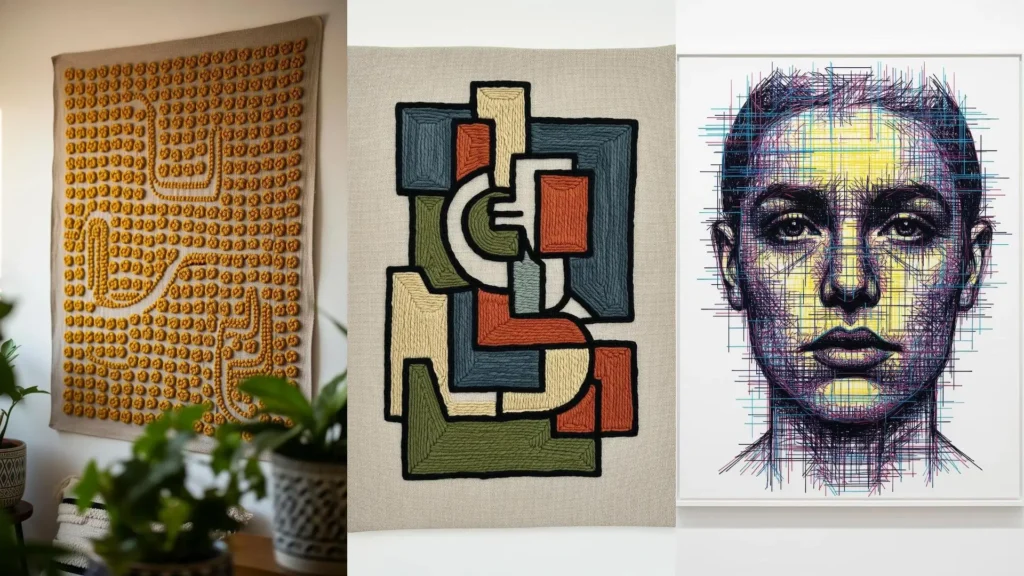 A trio of abstract thread line art creations, including a textured yellow piece and a colorful portrait, hung as gallery art.