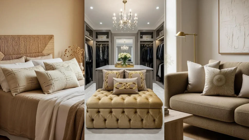 A collage with beige and gold embroidered cushions, showing luxury neutral decor for a living room and bedroom.