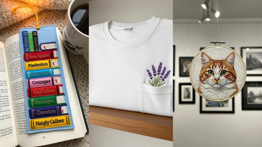 A collage of creative embroidery gift projects for kids and teens: a book bookmark, a floral tee, and a cat portrait.