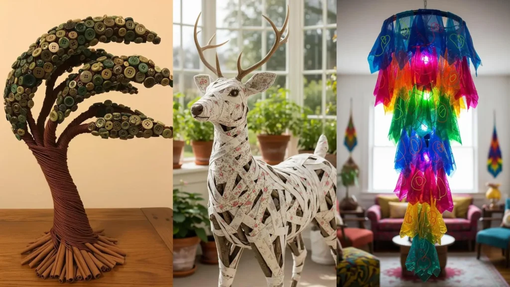 Stunning DIY sculptures from unexpected materials: a tree made of buttons, a deer of fabric, and a colorful chandelier.