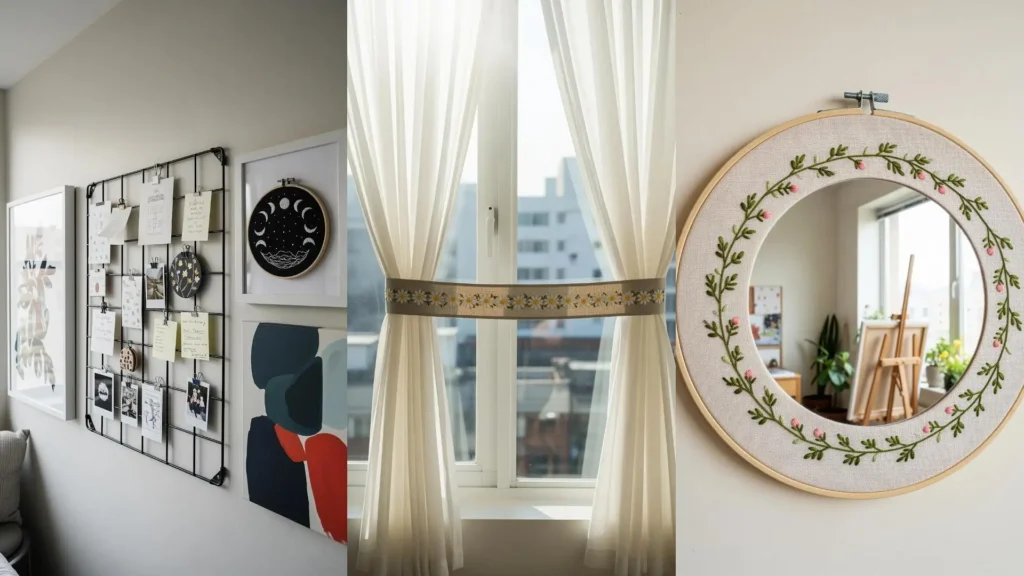 Minimalist embroidery projects decorating a studio apartment, including a floral mirror and celestial-themed wall art.