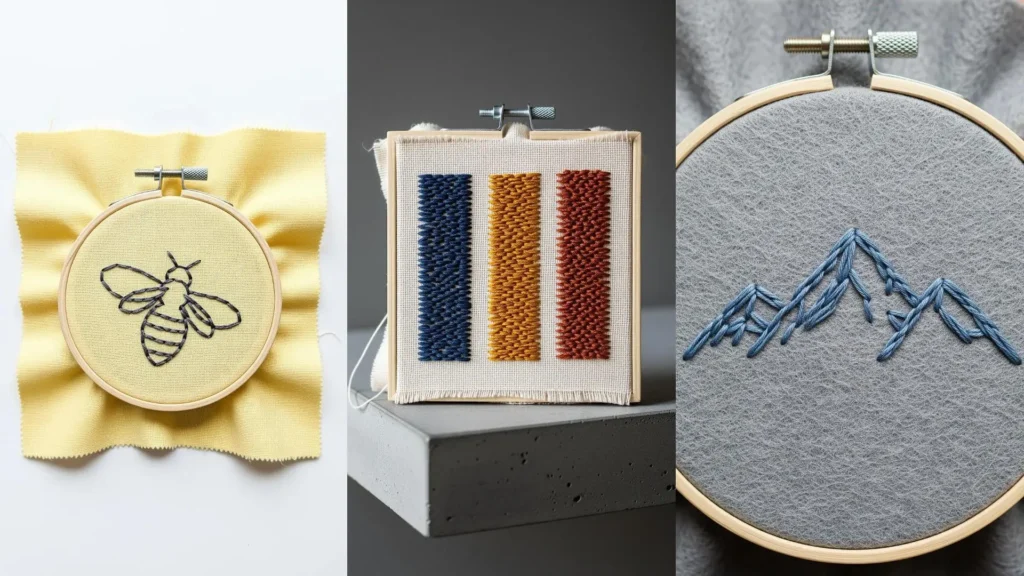 A triptych of small hoop embroidery projects using scrap fabric, featuring a bee, mountains, and abstract color blocks.