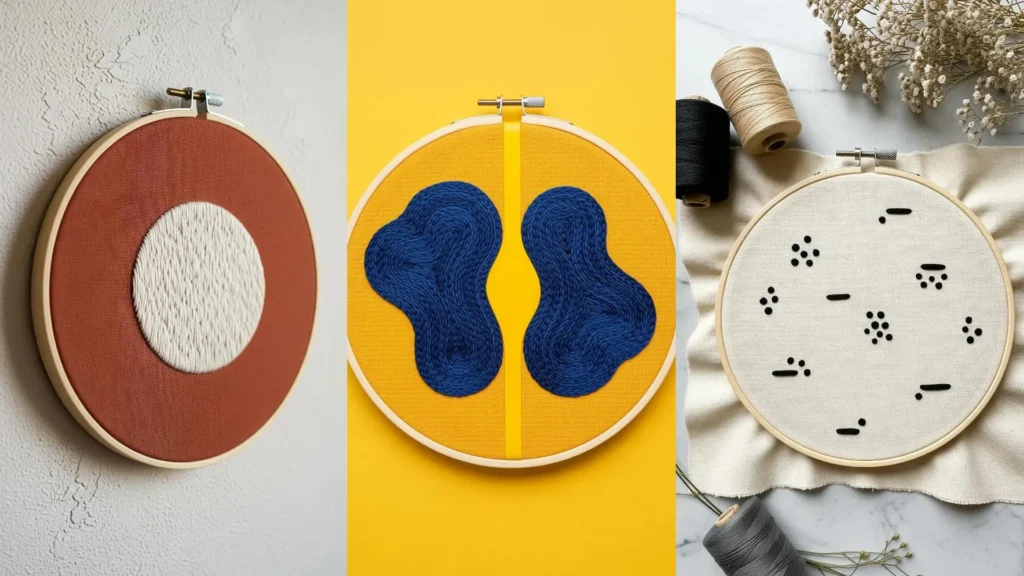 A collage of three embroidery hoops with abstract designs, showing negative space techniques and dramatic minimalism.