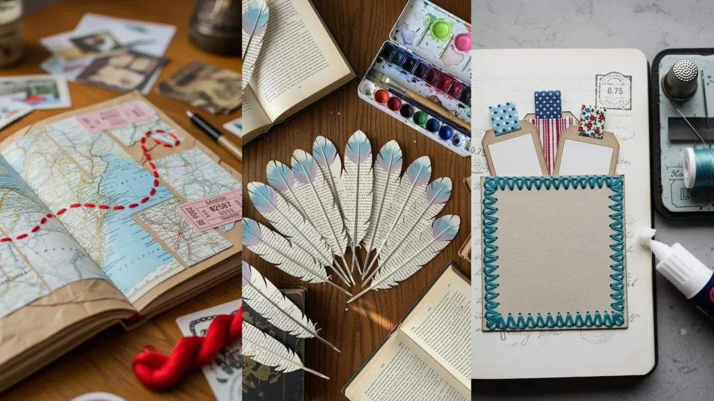 Paper collage art with minimalist embroidery stitches, showing a travel journal, book-page feathers, and a stitched frame.