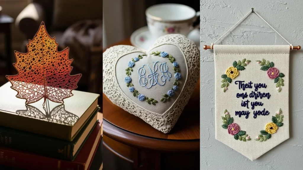 A variety of small handmade ornaments, like a lace leaf and embroidered pillow, shown as decor in a cozy living space.