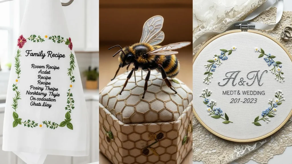 Collage of three handmade embroidery gifts: a family recipe towel, an embroidered bee, and a personalized wedding hoop.