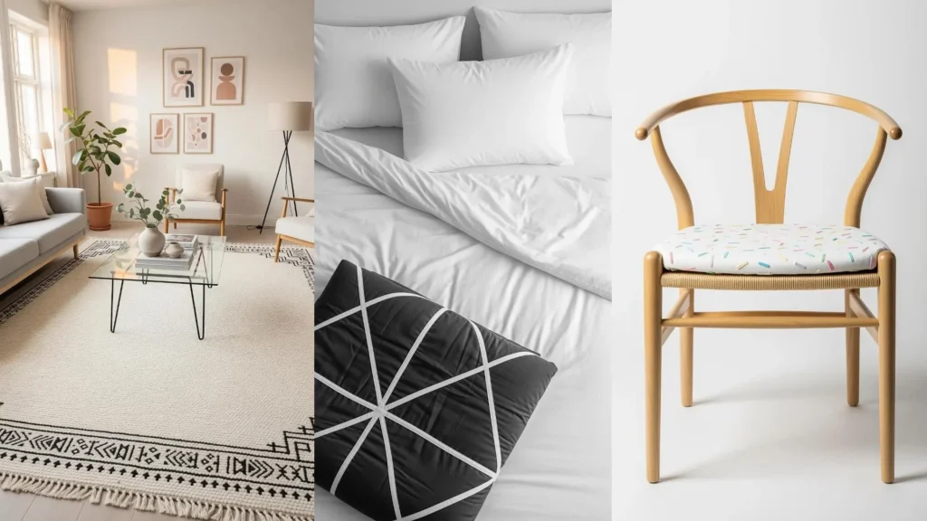 A wooden chair with a minimalist embroidery design on its seat, capturing the Scandinavian home vibe.