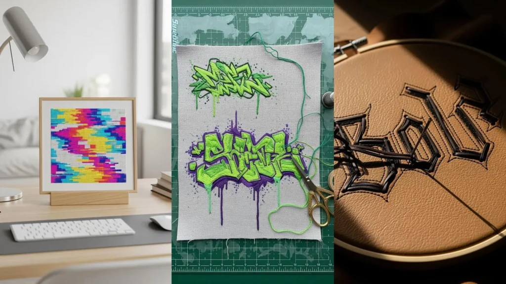 A collage showing bold, brush-stroke stitches for modern abstract canvas art, like graffiti and colorful pixel designs.