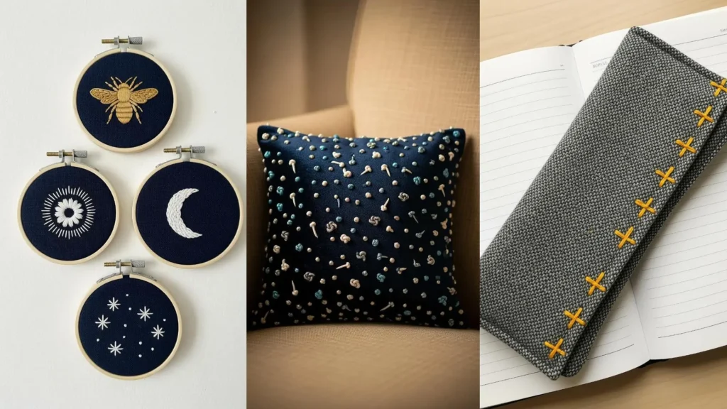 Creative small DIY decor ideas for a cozy nook, featuring embroidered wall art, a textured pillow, and a stitched pouch.