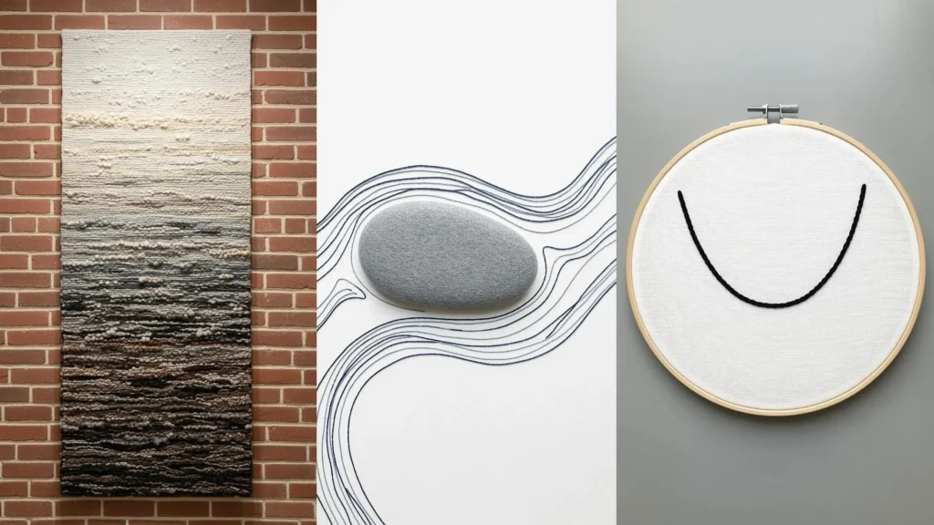 A triptych of abstract thread art showing the effects of water flowing around a stone and gravity pulling on a thread.