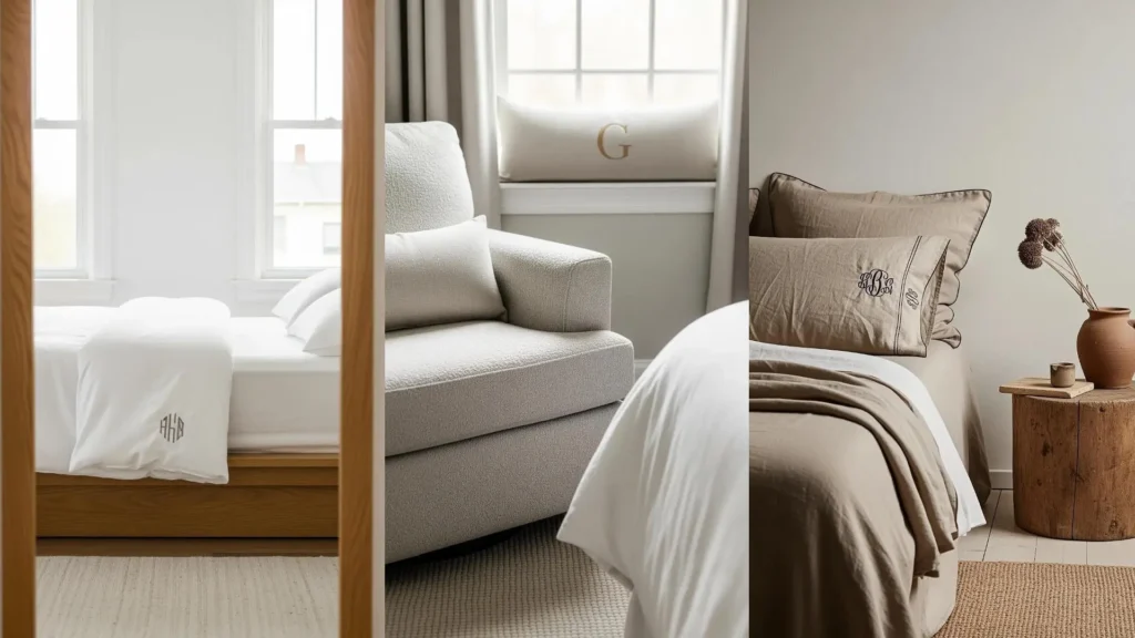 A collage of chic bedroom decor ideas with neutral-tone monogram embroidery on pillows and bedding.