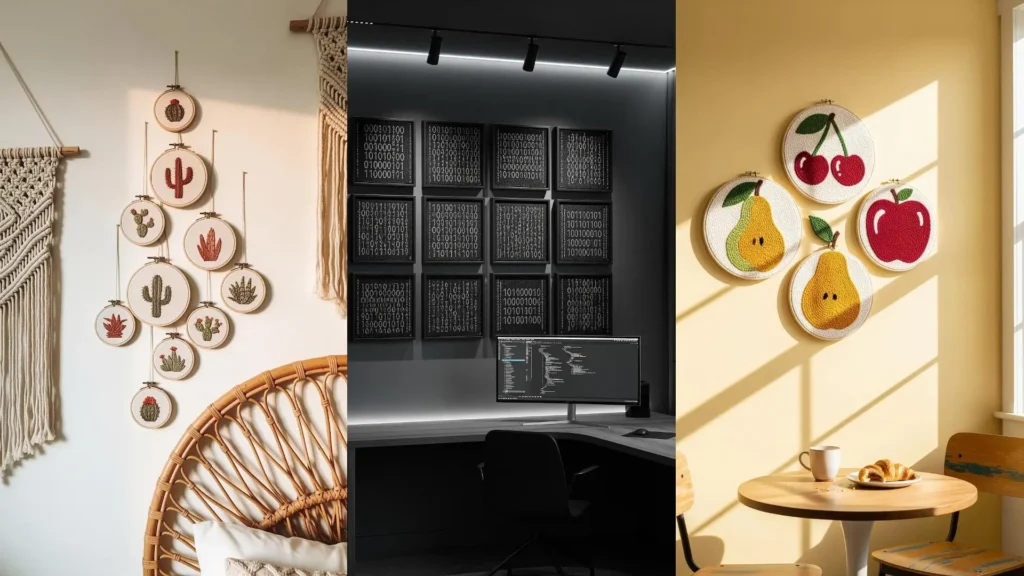 A mini gallery layout of clustered embroidery hoops featuring tiny, minimal stitch motifs of cacti and fruit.