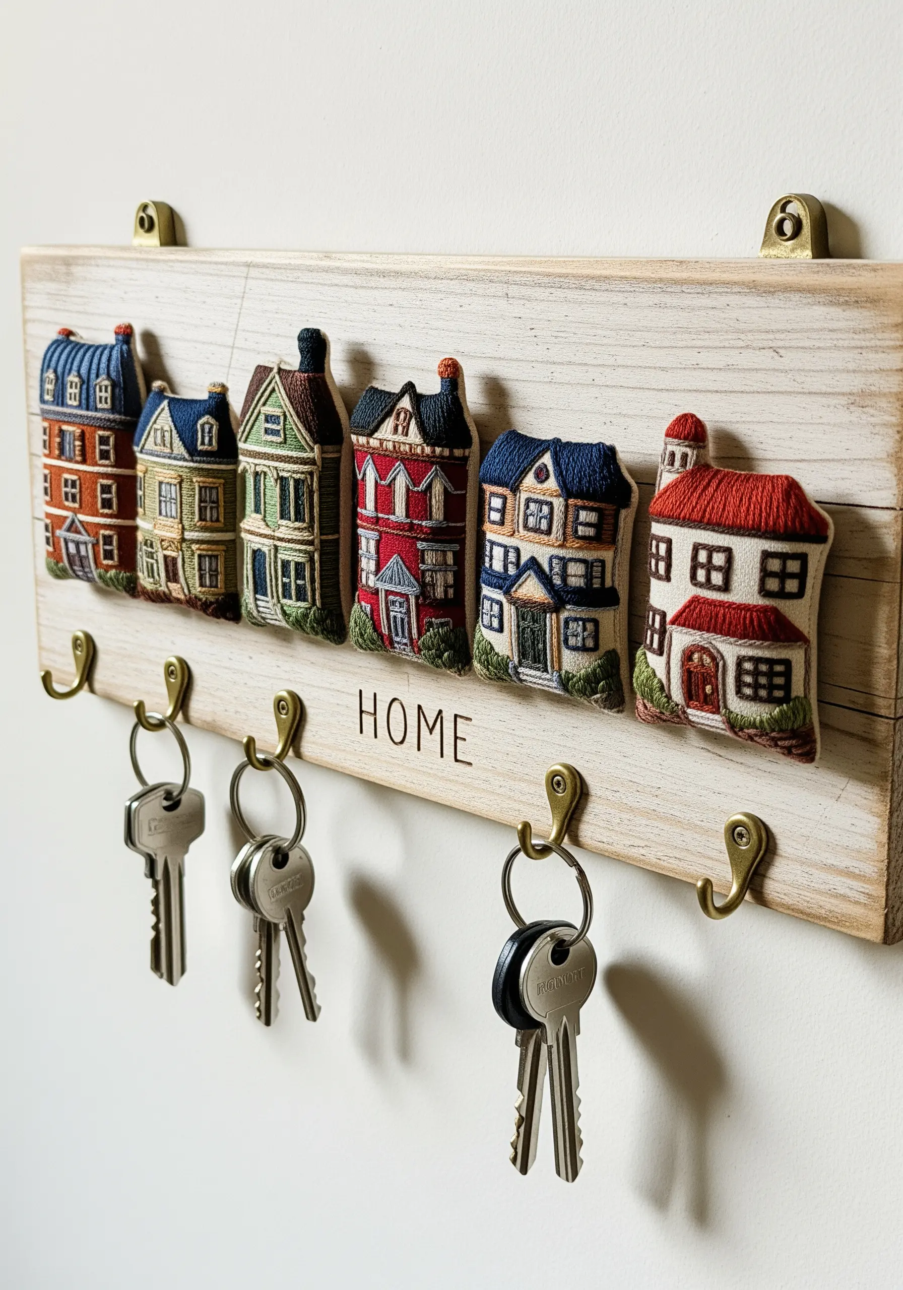 Key holder with embroidered padded houses