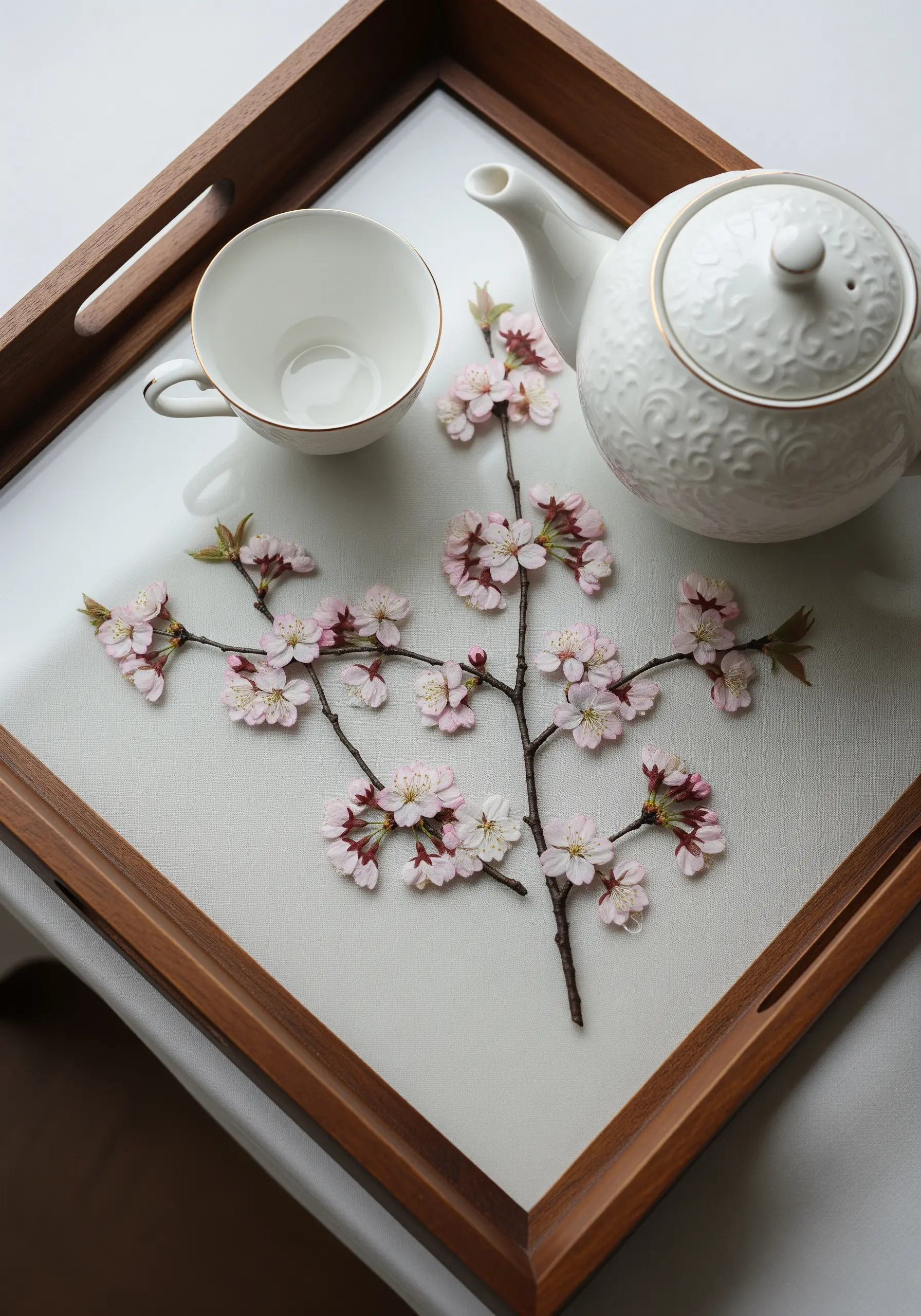 A realistic branch of 3D embroidered cherry blossoms resting on a glass-topped serving tray.