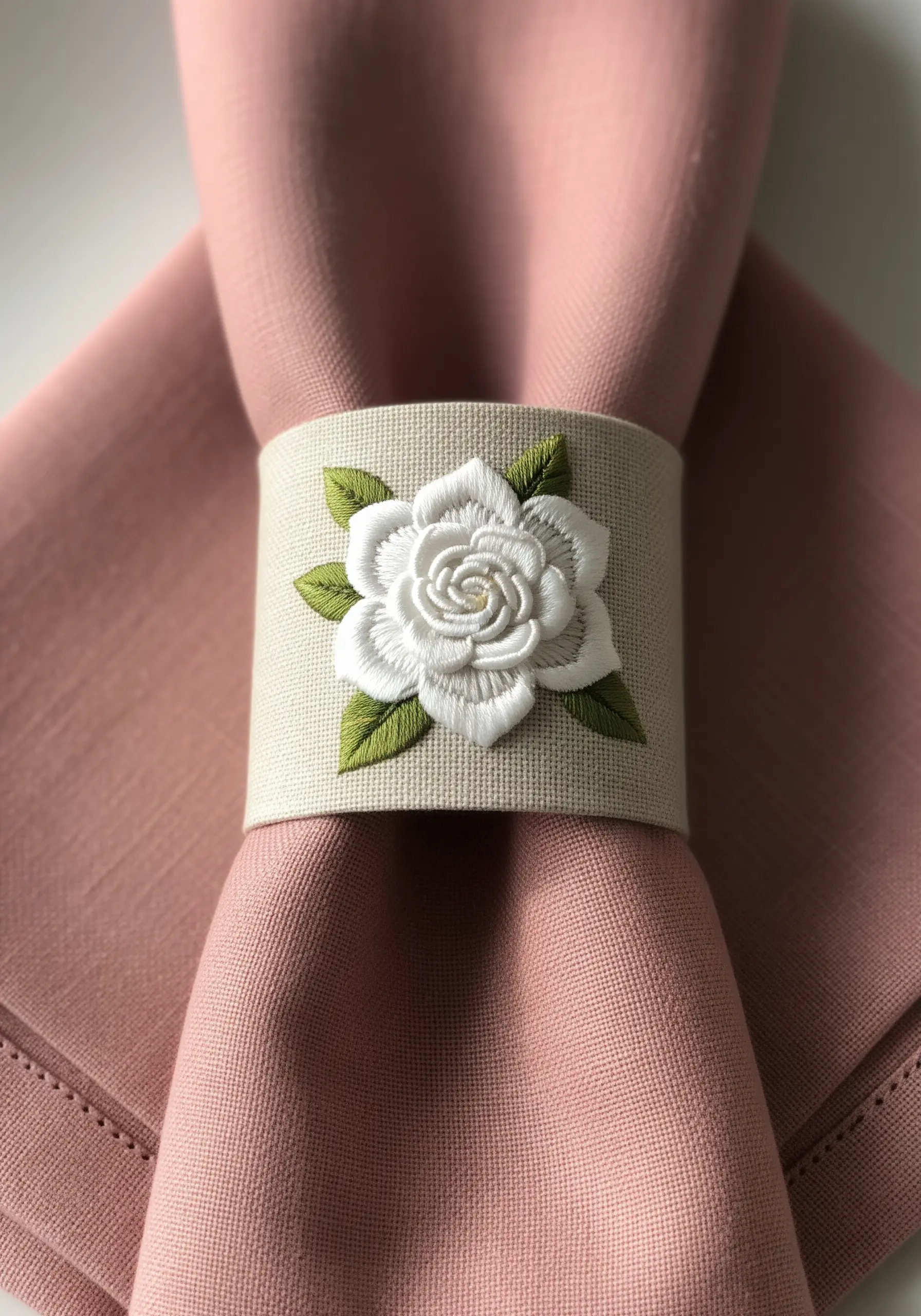 A dimensional white embroidered gardenia with green leaves on a fabric napkin ring.