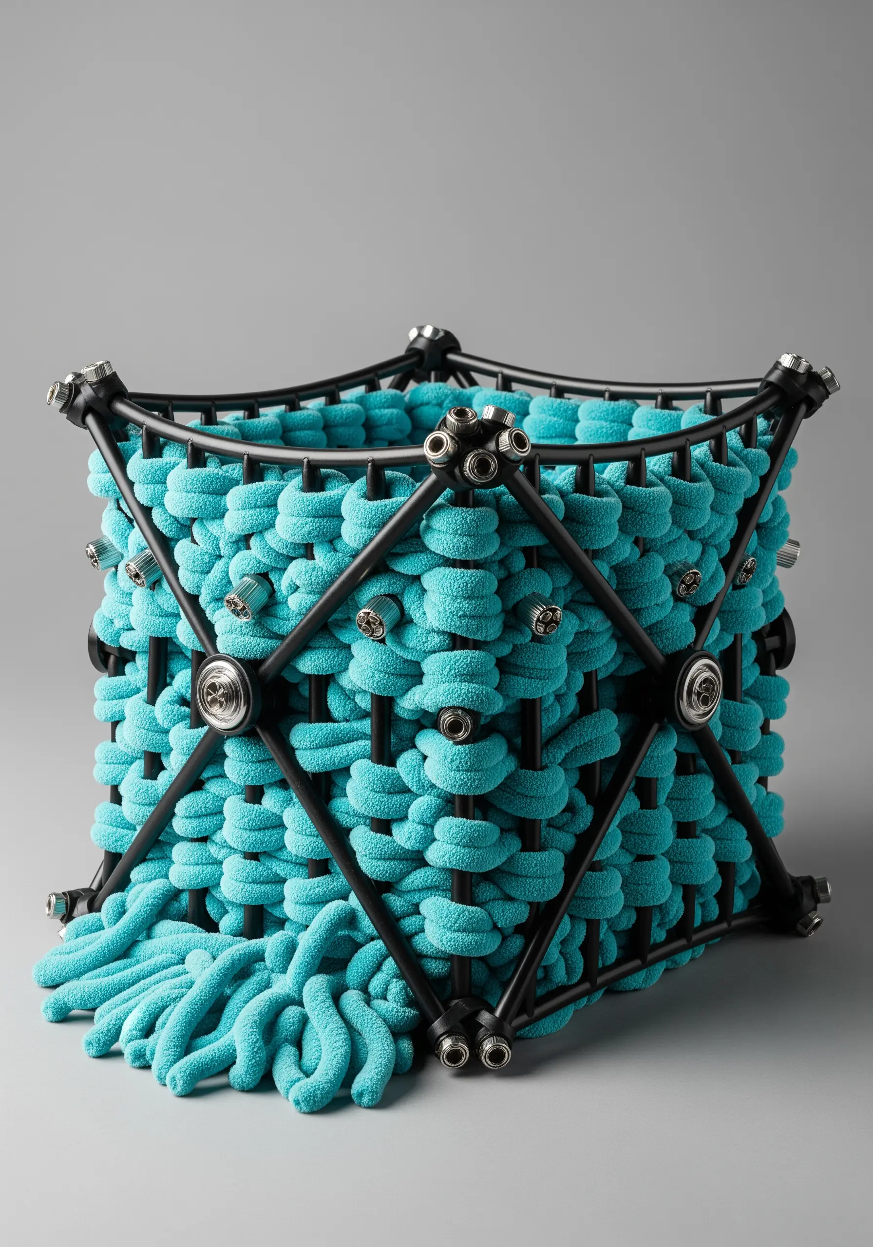 3D cube structure with teal macramé knotting and black frame