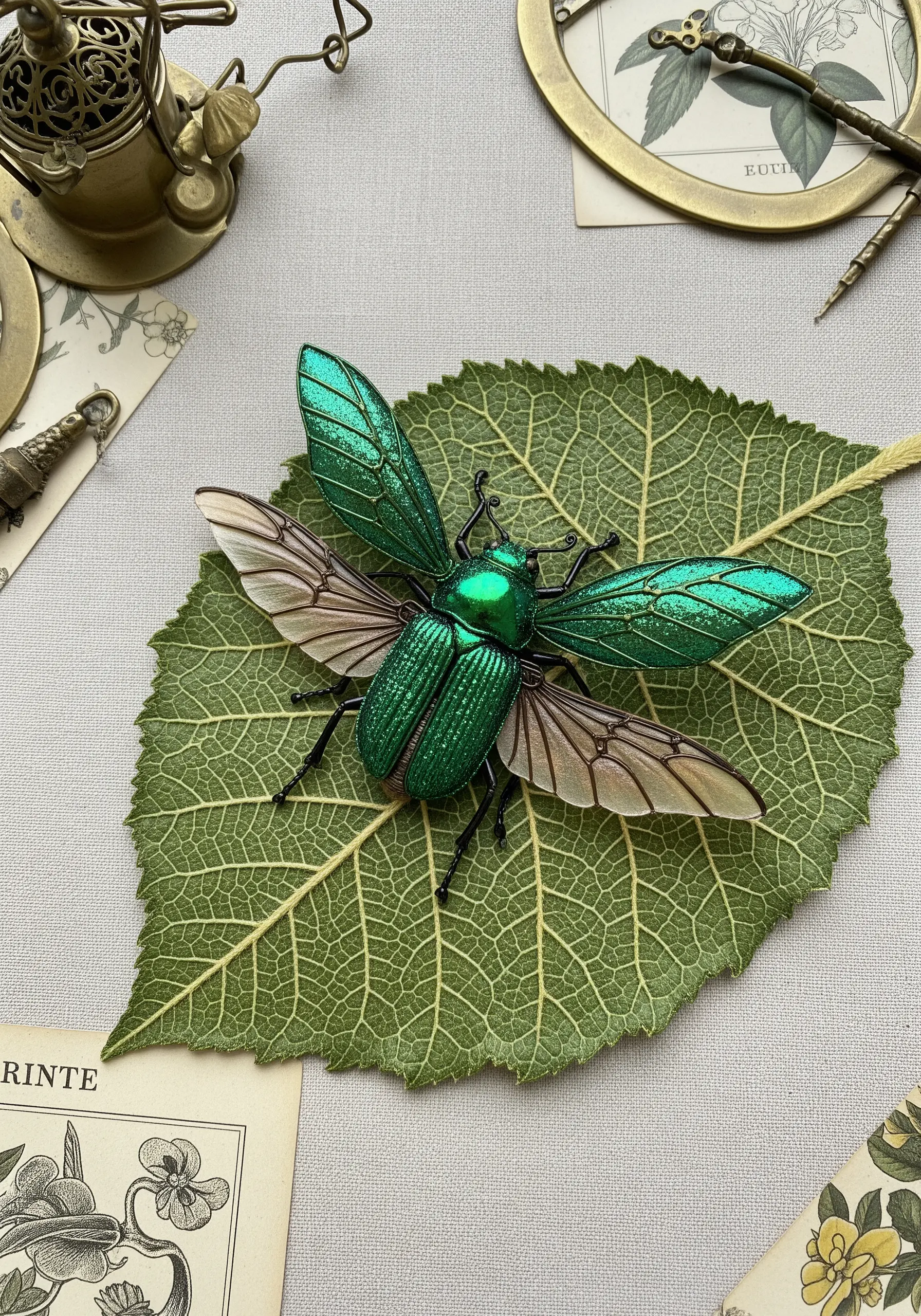 3D stumpwork embroidery of a green beetle on a leaf