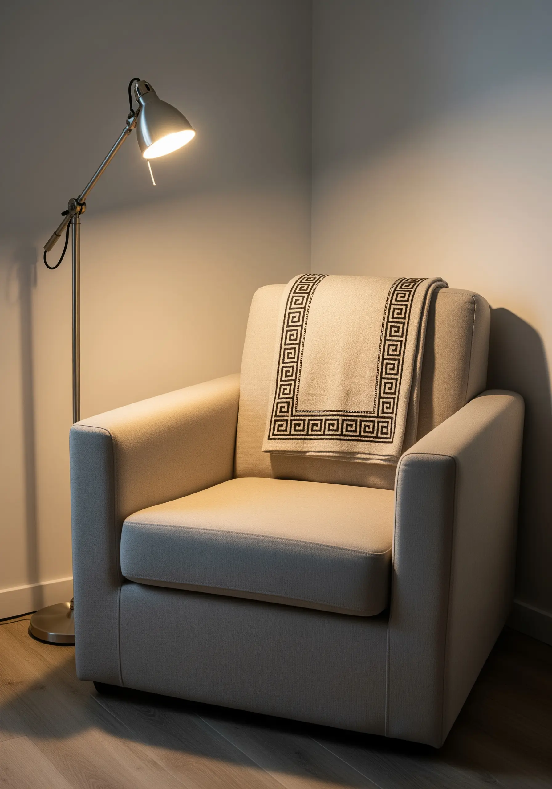 A cream-colored throw blanket with a bold, black embroidered Greek key border pattern.
