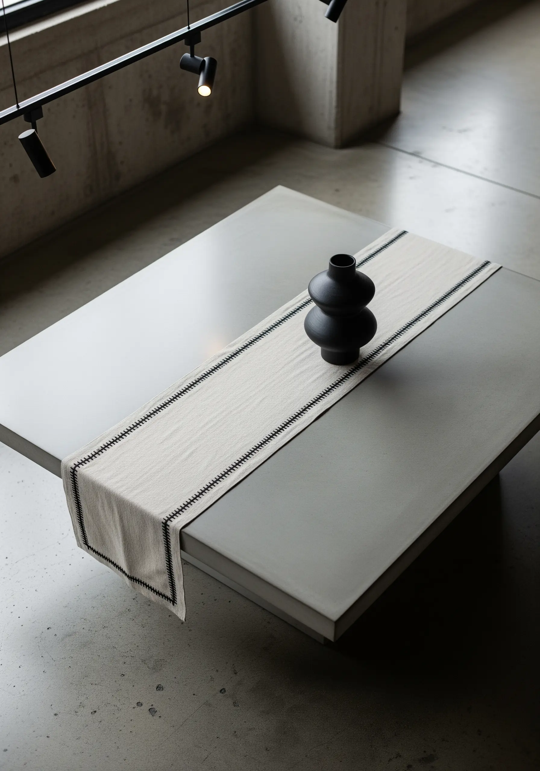 Table runner with a bold, black geometric stitch border on natural linen.