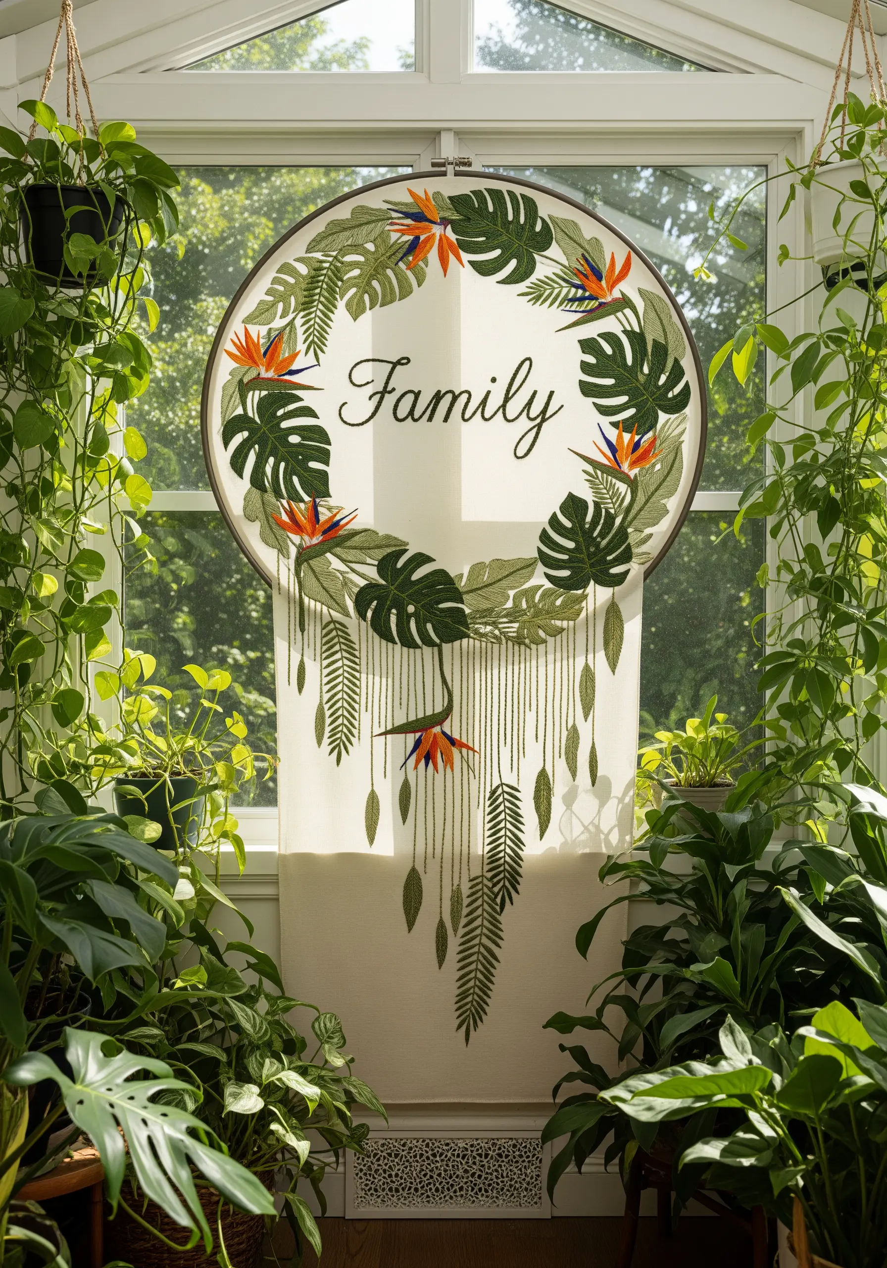 A large embroidery hoop with a tropical leaf wreath and long, dangling green threads.