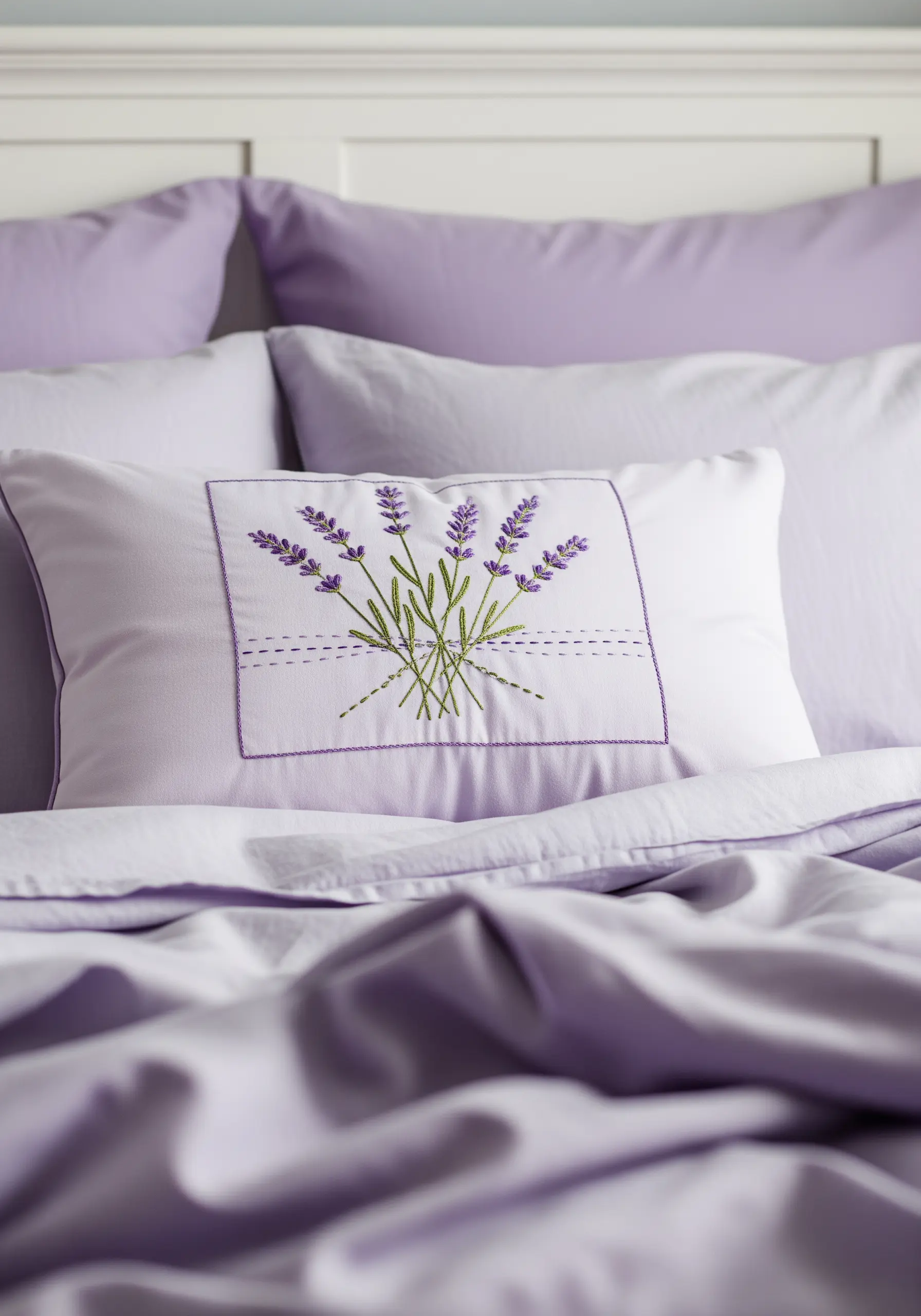 A white pillow with a simple embroidered bouquet of lavender, framed by a purple running stitch border.